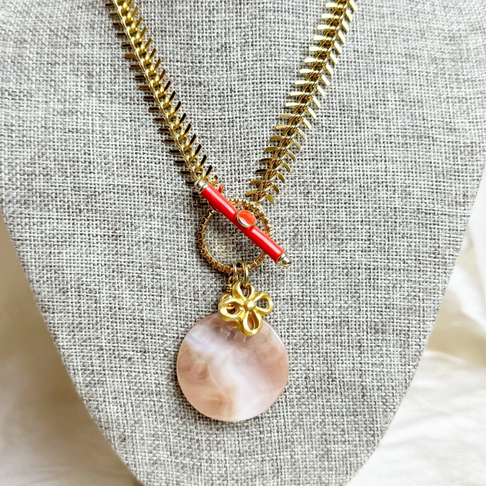 Upcycled one of a kind gold tone necklace Mother of Pearl Pendant
